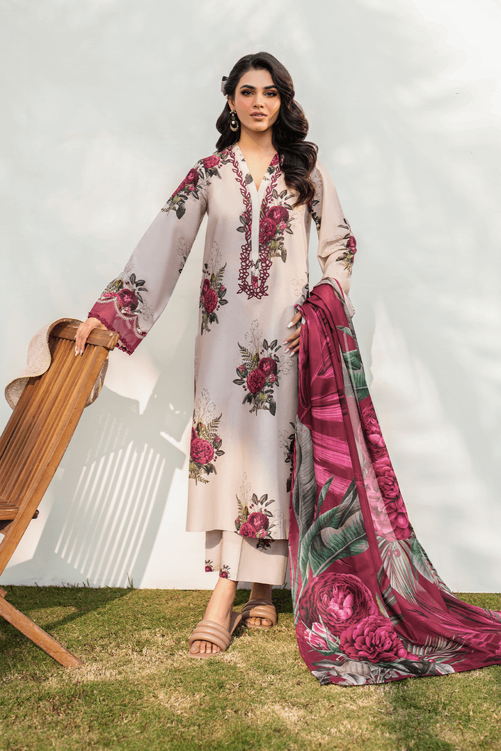 3 Piece Unstitched Embroidered Lawn Suit with Printed Lawn Dupatta