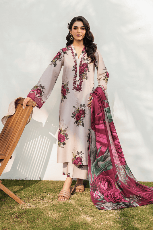3 Piece Unstitched Embroidered Lawn Suit with Printed Lawn Dupatta