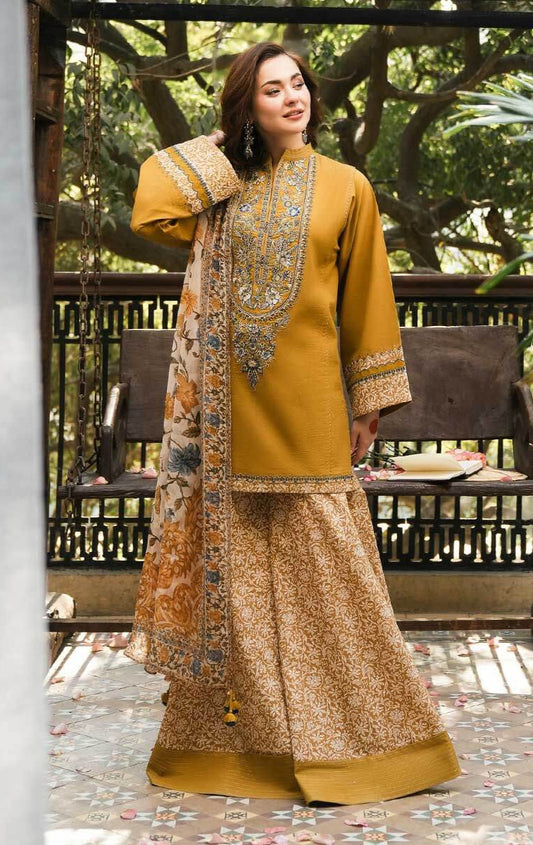 3 Piece Unstitched Heavy Embroidered Lawn Suit with Printed Silk Dupatta