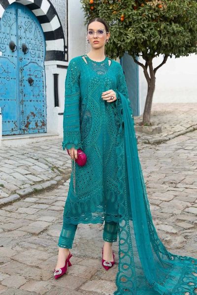 3 Piece Unstitched Heavy Embroidered Chickan Kari Lawn Suit with Heavy Embroidered Chiffon Dupatta