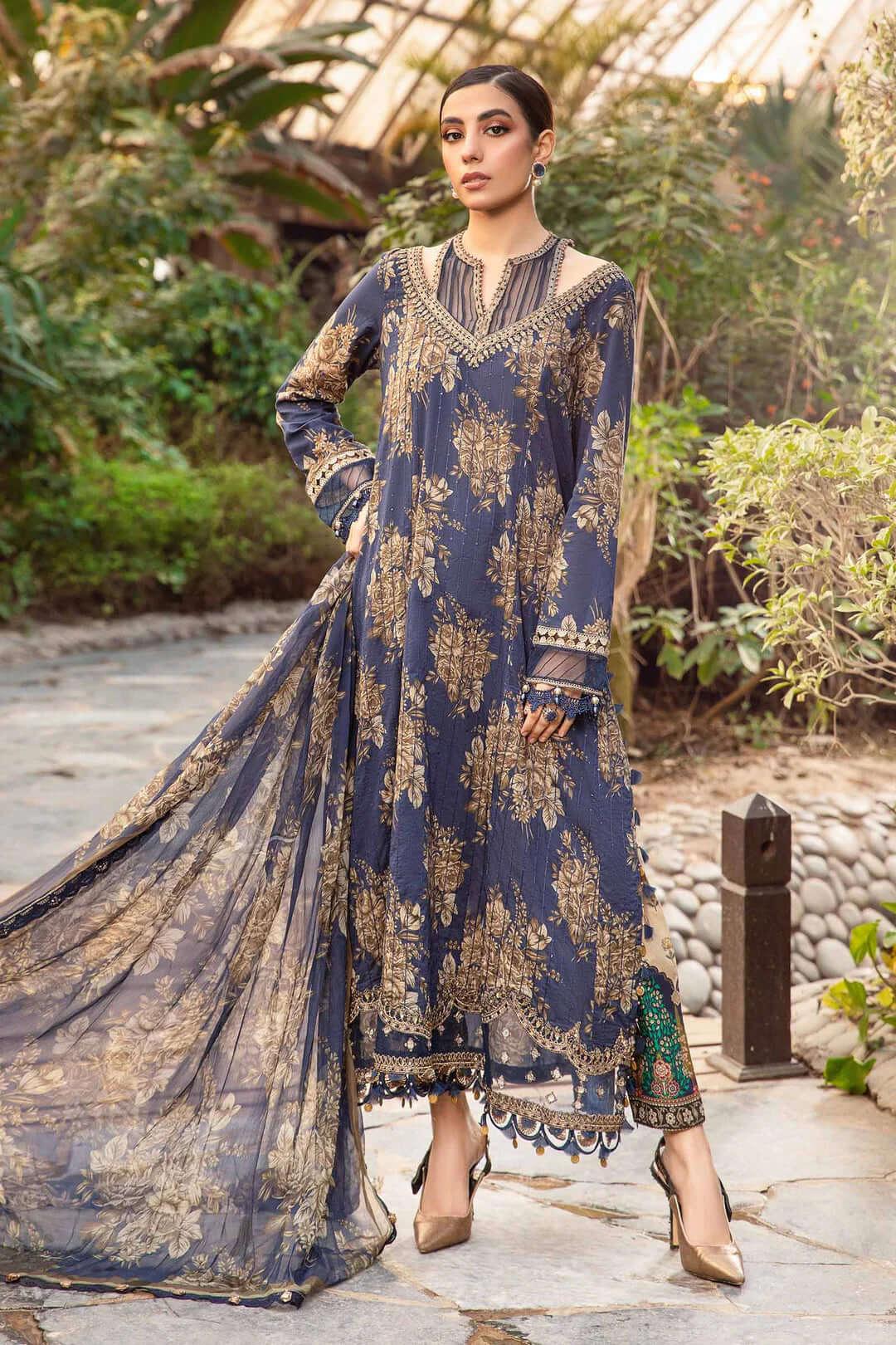 3 Piece Unstitched Digital Printed Lawn Suit with Fine Printed Silk Dupatta - Malam