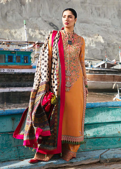 3 Piece Unstitched Heavy Embroidered Dhanak Suit with Printed Woolen Shawl
