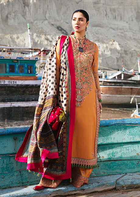 3 Piece Unstitched Heavy Embroidered Dhanak Suit with Printed Woolen Shawl
