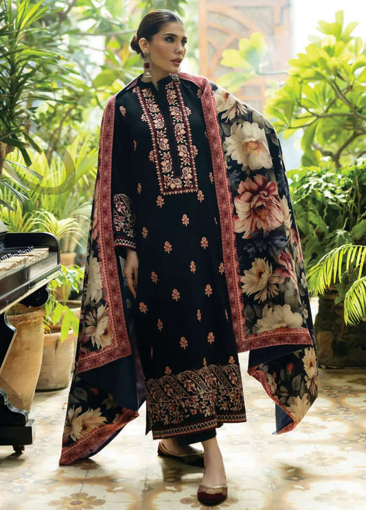 3 Piece Unstitched Heavy Embroidered Dhanak Suit with Printed Woolen Shawl
