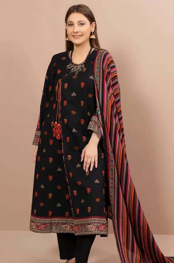 3 Piece Unstitched Heavy Embroidered Dhanak Suit with Printed Woolen Shawl