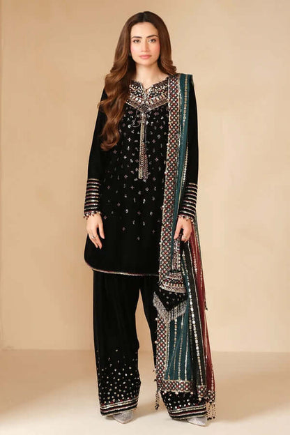 3 Piece Unstitched Heavy Embroidered Velvet Suit with Heavy Embroidered Chiffon Dupatta