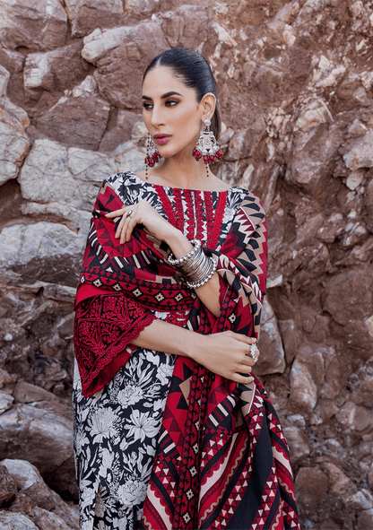 3 Piece Unstitched Embroidered Khaddar Suit with Printed Khaddar Dupatta