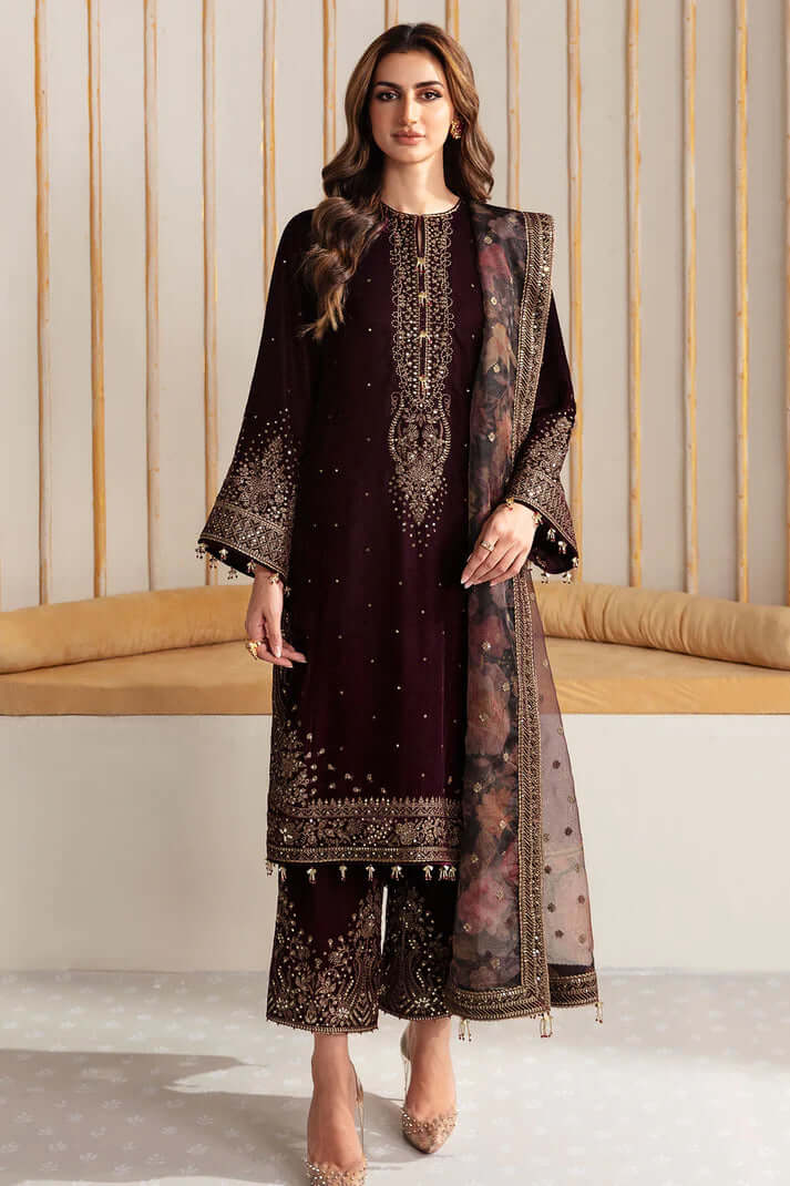 3 Piece Unstitched Heavy Embroidered Velvet Suit with Printed Organza Dupatta