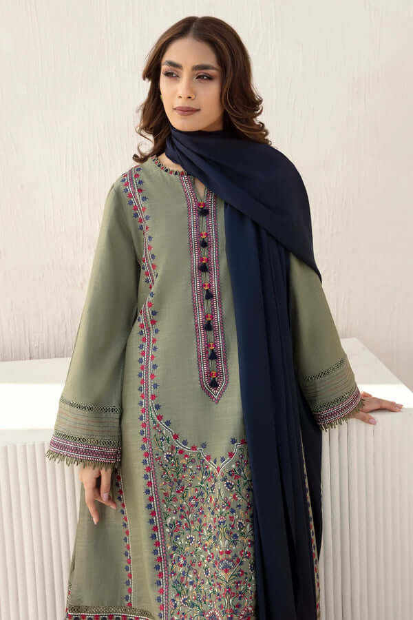 3 Piece Unstitched Heavy Embroidered Dhanak Suit with Dhanak Dyed Plain Shawl