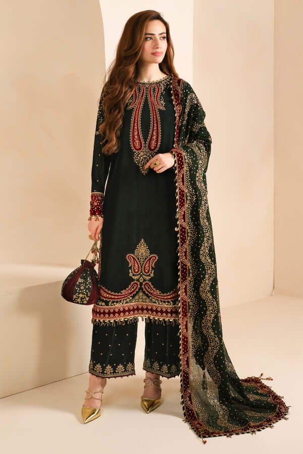 3 Piece Unstitched Heavy Embroidered Velvet Suit with Heavy Embroidered Chiffon Dupatta