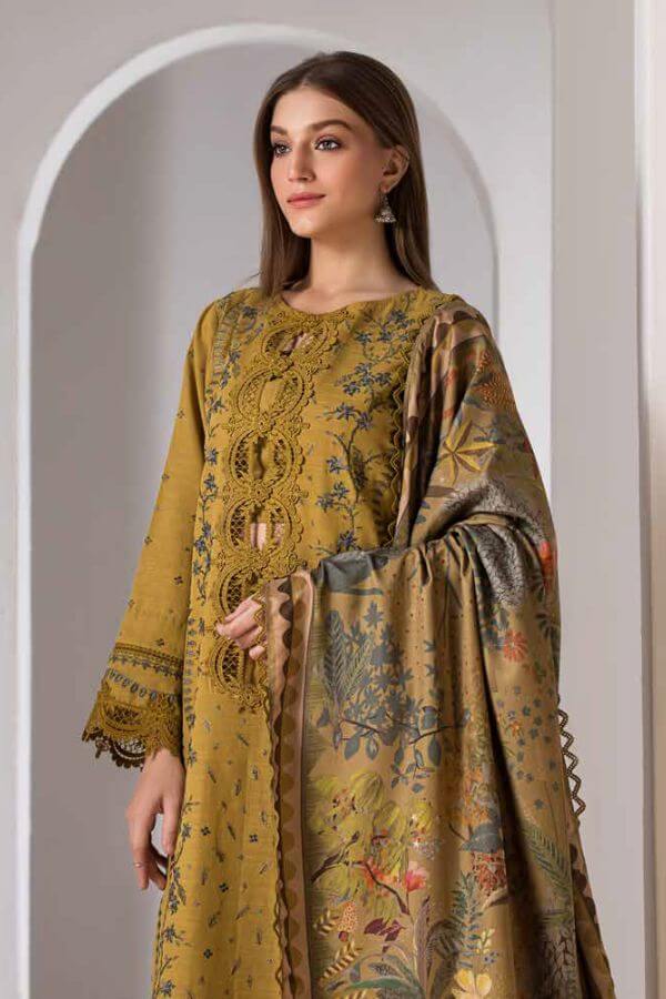 3 Piece Unstitched Heavy Embroidered Dhanak Suit with Printed Woolen Shawl