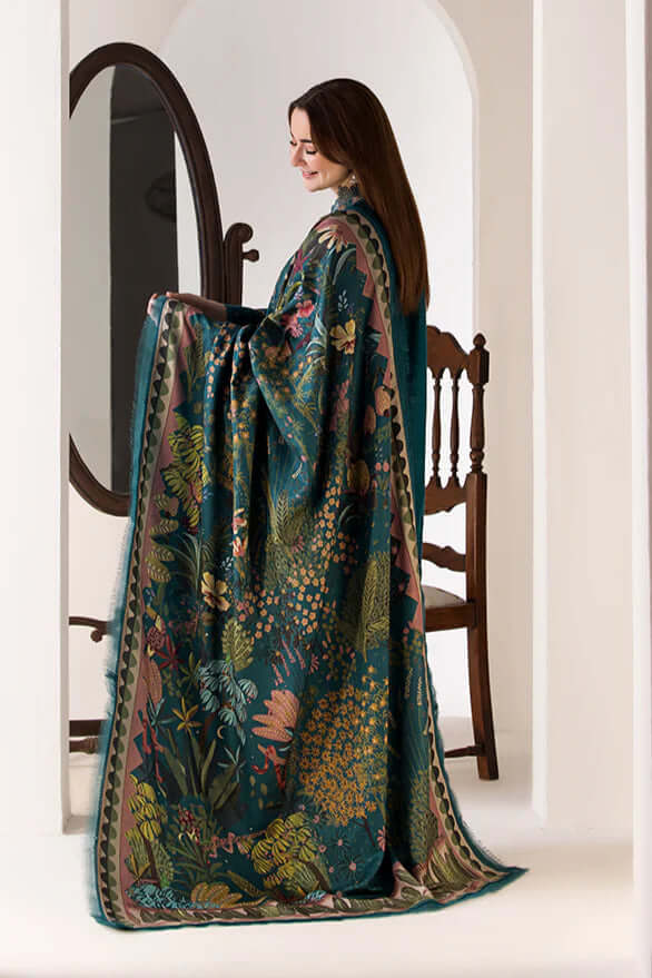 3 Piece Unstitched Heavy Embroidered Dhanak Suit with Printed Woolen Shawl