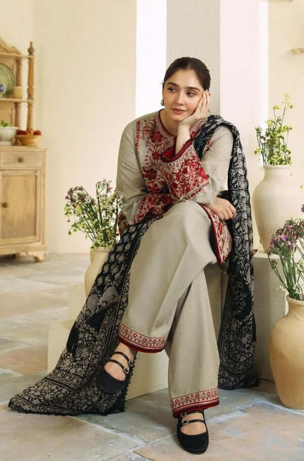 3 Piece Unstitched Heavy Embroidered Lawn Suit with Fine Printed Lawn Dupatta