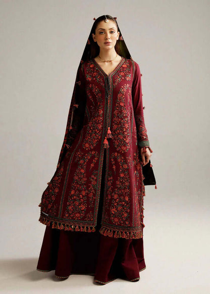 3 Piece Unstitched Heavy Embroidered Dhanak Suit with Printed Woolen Shawl