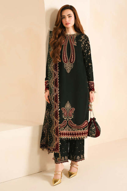 3 Piece Unstitched Heavy Embroidered Velvet Suit with Heavy Embroidered Chiffon Dupatta