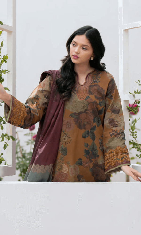 3 Piece Unstitched Embroidered Khaddar Suit with Printed Khaddar Dupatta