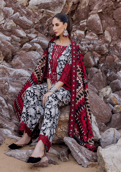 3 Piece Unstitched Embroidered Khaddar Suit with Printed Khaddar Dupatta