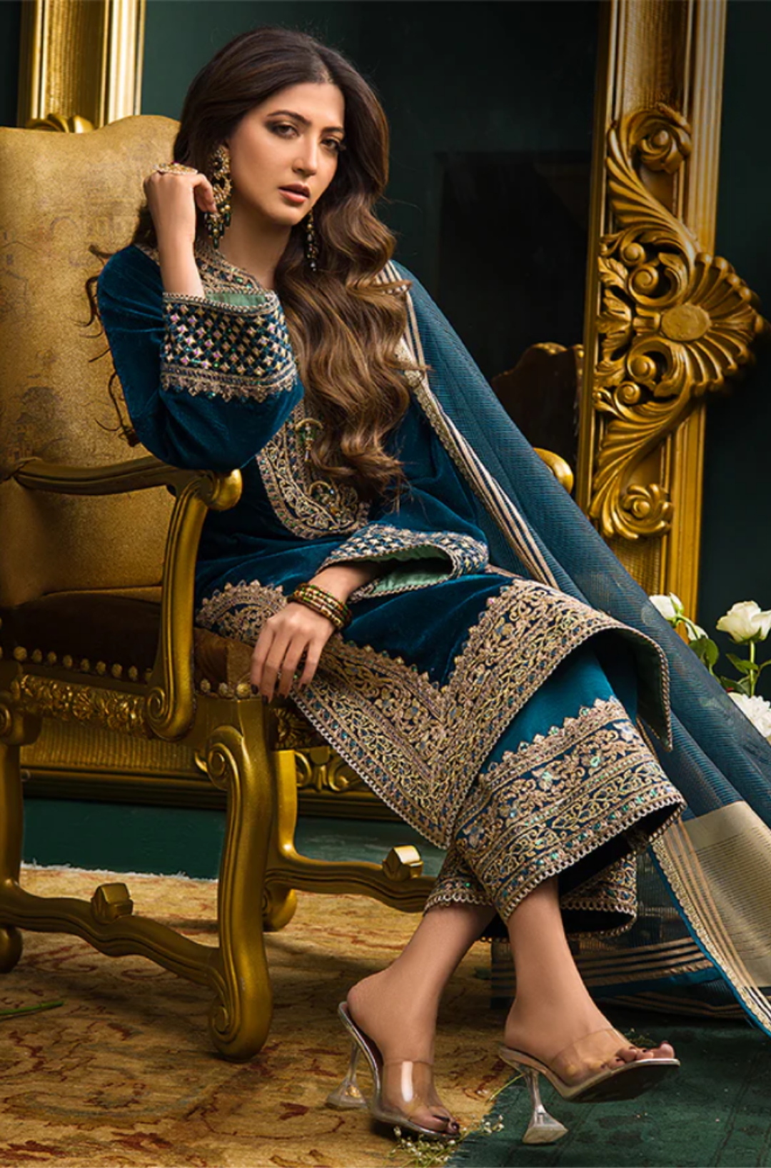 3 Piece Unstitched Heavy Embroidered Velvet Suit with Printed Fine Organza Dupatta