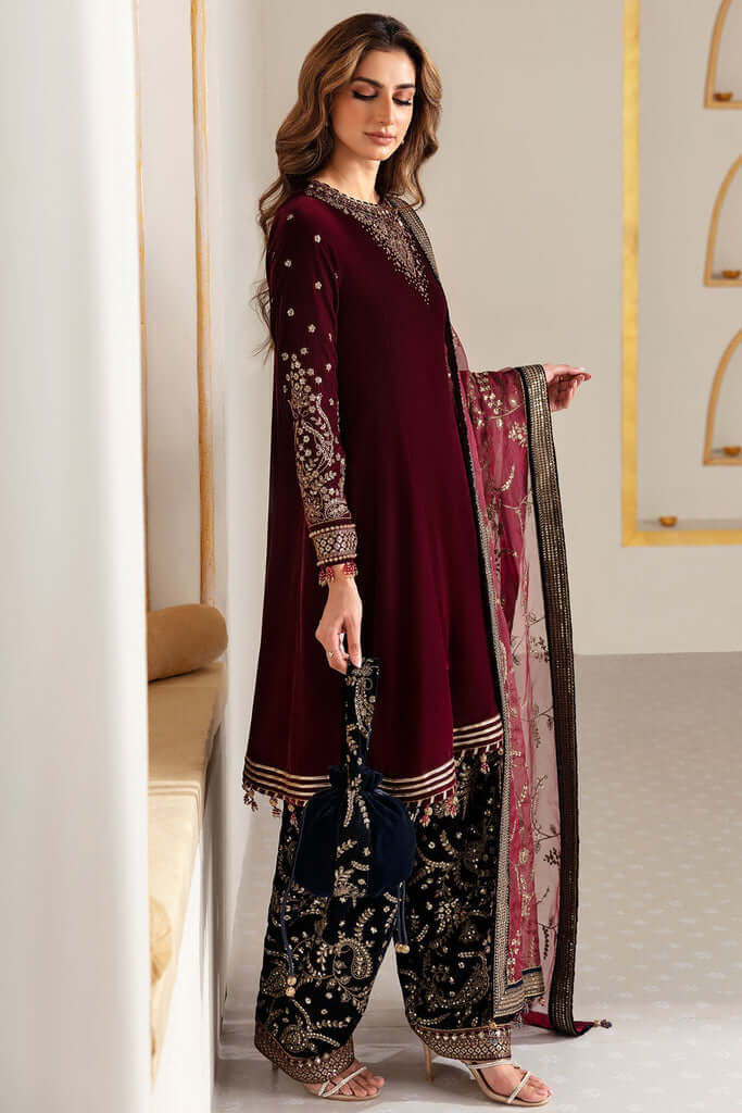 3 Piece Unstitched Heavy Embroidered Velvet Suit with Heavy Embroidered Organza Dupatta