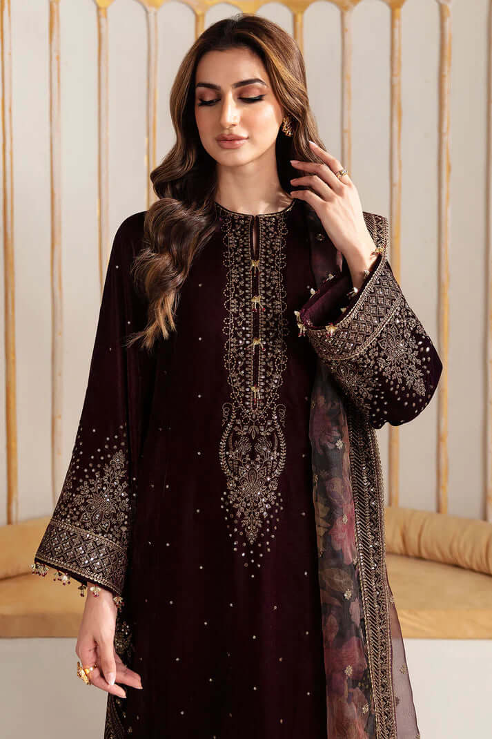 3 Piece Unstitched Heavy Embroidered Velvet Suit with Printed Organza Dupatta