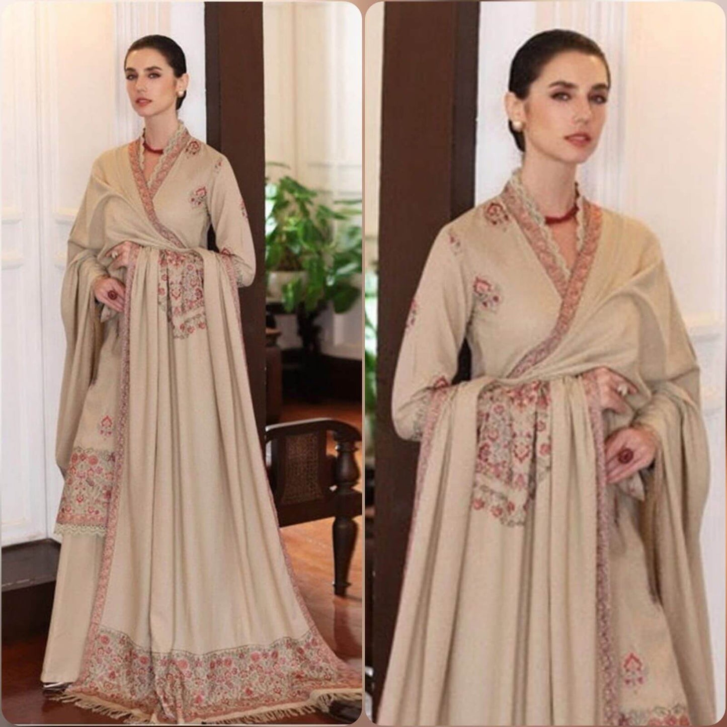 3 Piece Unstitched Heavy Embroidered Dhanak Suit with Heavy Embroidered Dhanak Wool Shawl