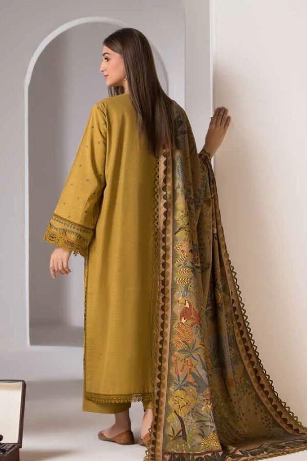 3 Piece Unstitched Heavy Embroidered Dhanak Suit with Printed Woolen Shawl