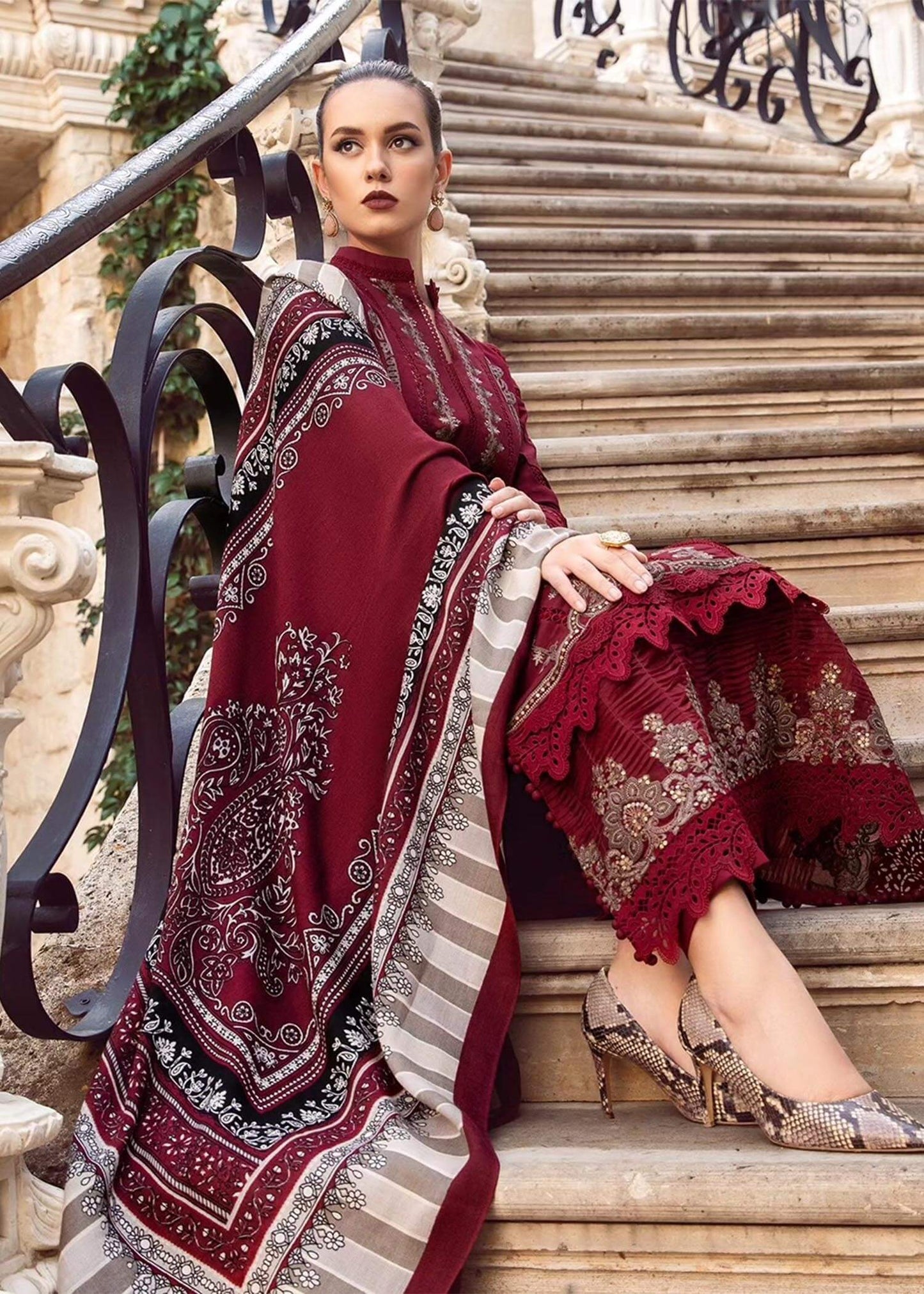 3 Piece Unstitched Heavy Embroidered Dhanak Suit with Printed Woolen Shawl