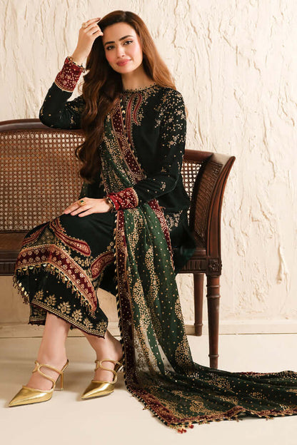 3 Piece Unstitched Heavy Embroidered Velvet Suit with Heavy Embroidered Chiffon Dupatta