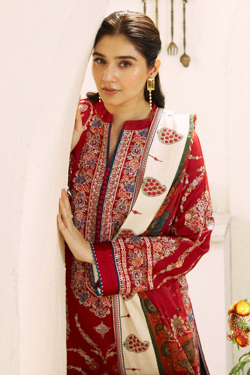 3 Piece Unstitched Heavy Embroidered Dhanak Suit with Printed Woolen Shawl