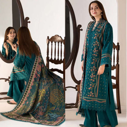 3 Piece Unstitched Heavy Embroidered Dhanak Suit with Printed Woolen Shawl