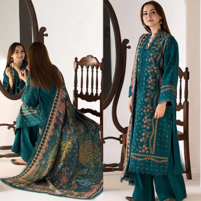 3 Piece Unstitched Heavy Embroidered Pure Lawn Suit with Printed Silk Dupatta