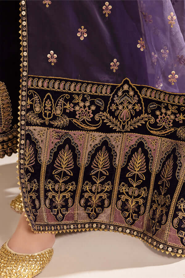 3 Piece Unstitched Heavy Embroidered Velvet Suit with Heavy Embroidered Organza Dupatta