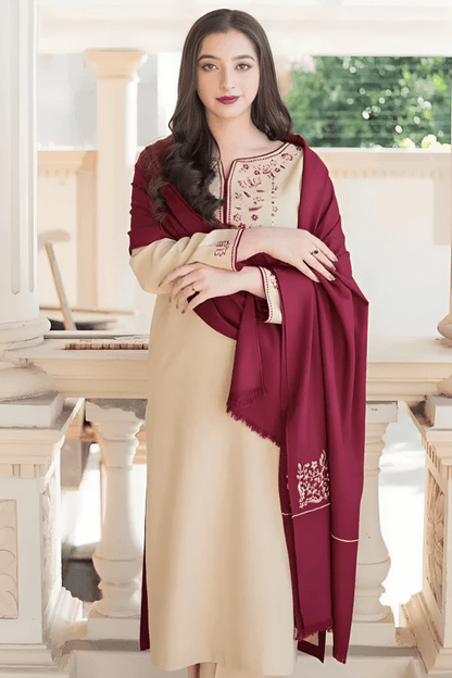 3 Piece Unstitched Heavy Embroidered Dhanak Suit with Heavy Embroidered Dhanak Shawl