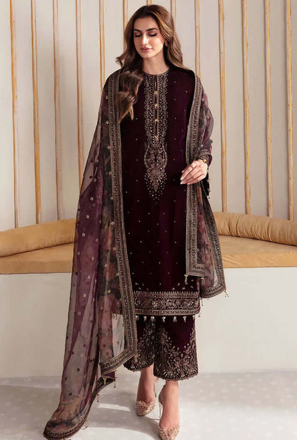 3 Piece Unstitched Heavy Embroidered Velvet Suit with Printed Organza Dupatta