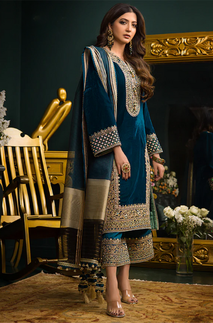 3 Piece Unstitched Heavy Embroidered Velvet Suit with Printed Fine Organza Dupatta