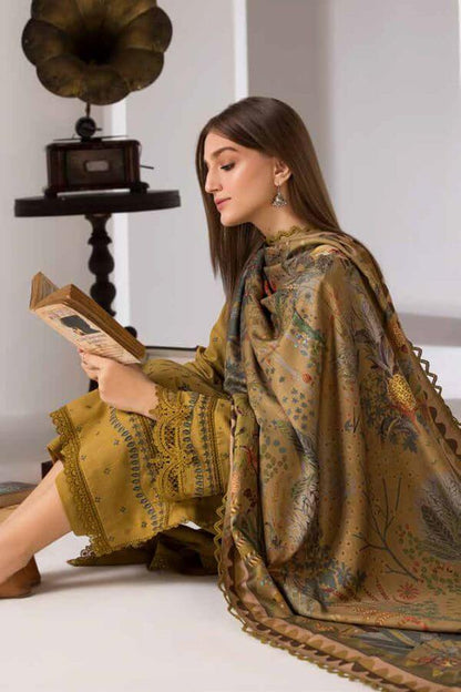 3 Piece Unstitched Heavy Embroidered Dhanak Suit with Printed Woolen Shawl