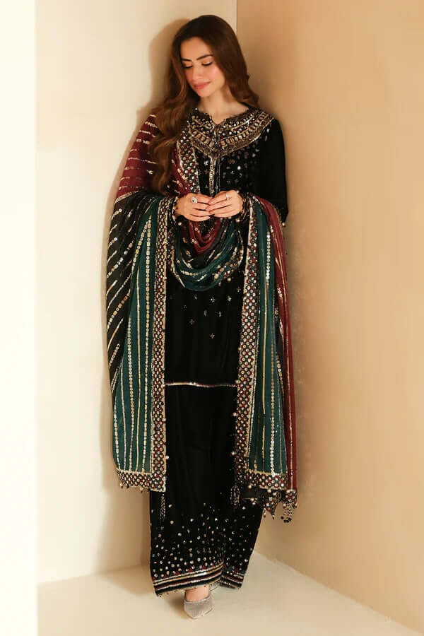 3 Piece Unstitched Heavy Embroidered Velvet Suit with Heavy Embroidered Chiffon Dupatta