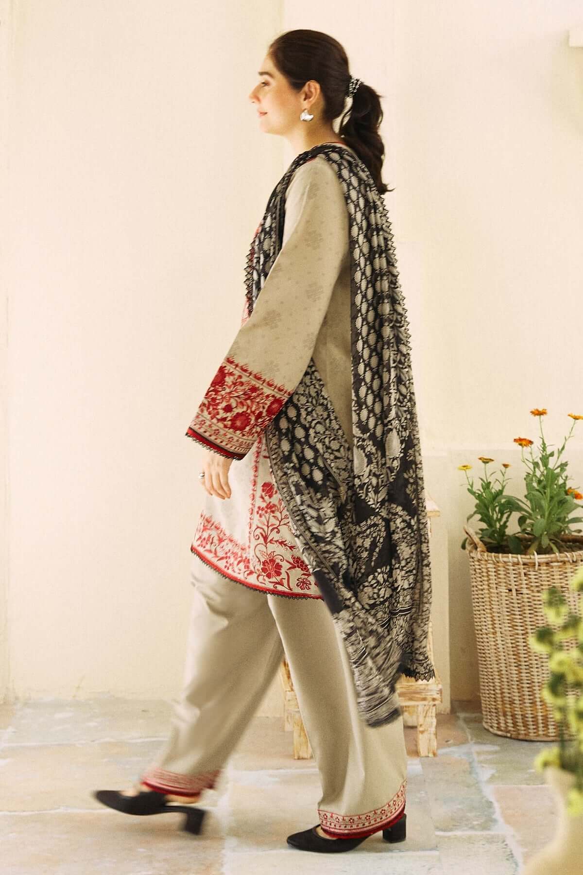 3 Piece Unstitched Heavy Embroidered Lawn Suit with Fine Printed Lawn Dupatta