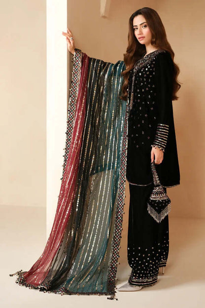 3 Piece Unstitched Heavy Embroidered Velvet Suit with Heavy Embroidered Chiffon Dupatta