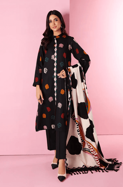 3 Piece Unstitched Heavy Embroidered Dhanak Suit with Printed Woolen Shawl