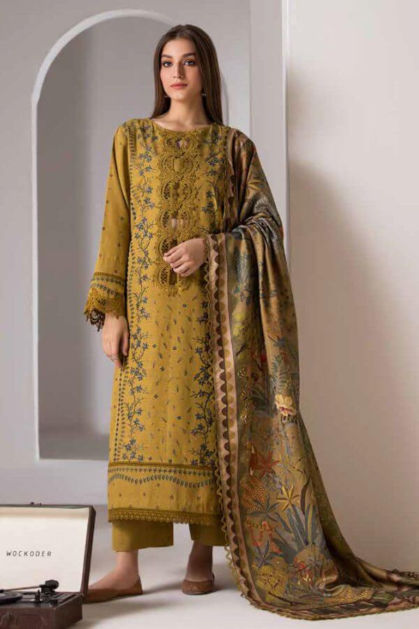 3 Piece Unstitched Heavy Embroidered Dhanak Suit with Printed Woolen Shawl