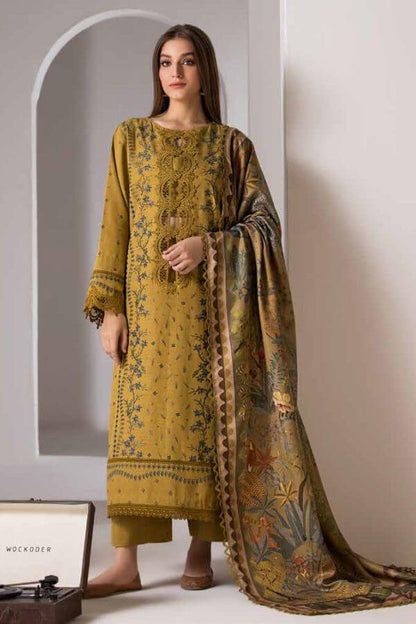 3 Piece Unstitched Heavy Embroidered Dhanak Suit with Printed Woolen Shawl