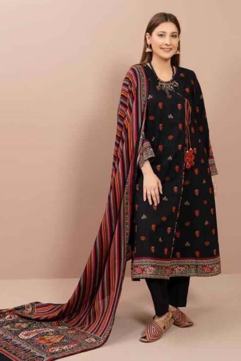 3 Piece Unstitched Heavy Embroidered Dhanak Suit with Printed Woolen Shawl