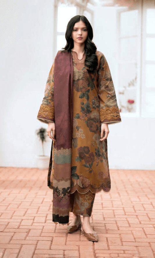 3 Piece Unstitched Embroidered Khaddar Suit with Printed Khaddar Dupatta