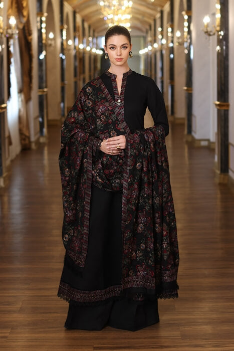 3 Piece Unstitched Heavy Embroidered Dhanak Suit with Heavy Embroidered Dhanak Wool Shawl