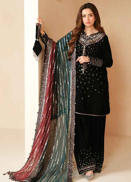 3 Piece Unstitched Heavy Embroidered Velvet Suit with Heavy Embroidered Chiffon Dupatta