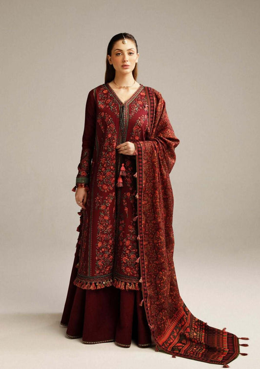 3 Piece Unstitched Heavy Embroidered Dhanak Suit with Printed Woolen Shawl