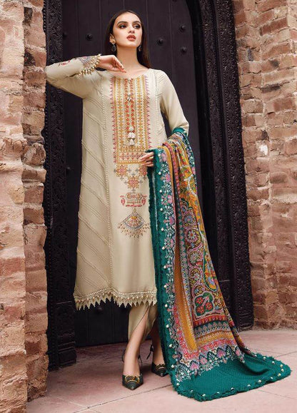 3 Piece Unstitched Heavy Embroidered Dhanak Suit with Printed Woolen Shawl