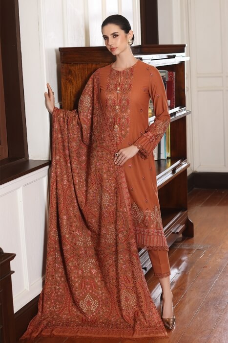 3 Piece Unstitched Heavy Embroidered Dhanak Suit with Heavy Embroidered Dhanak Wool Shawl