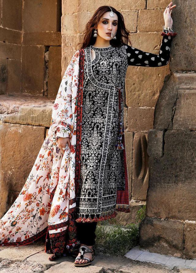 3 Piece Unstitched Heavy Embroidered Dhanak Suit with Printed Woolen Shawl